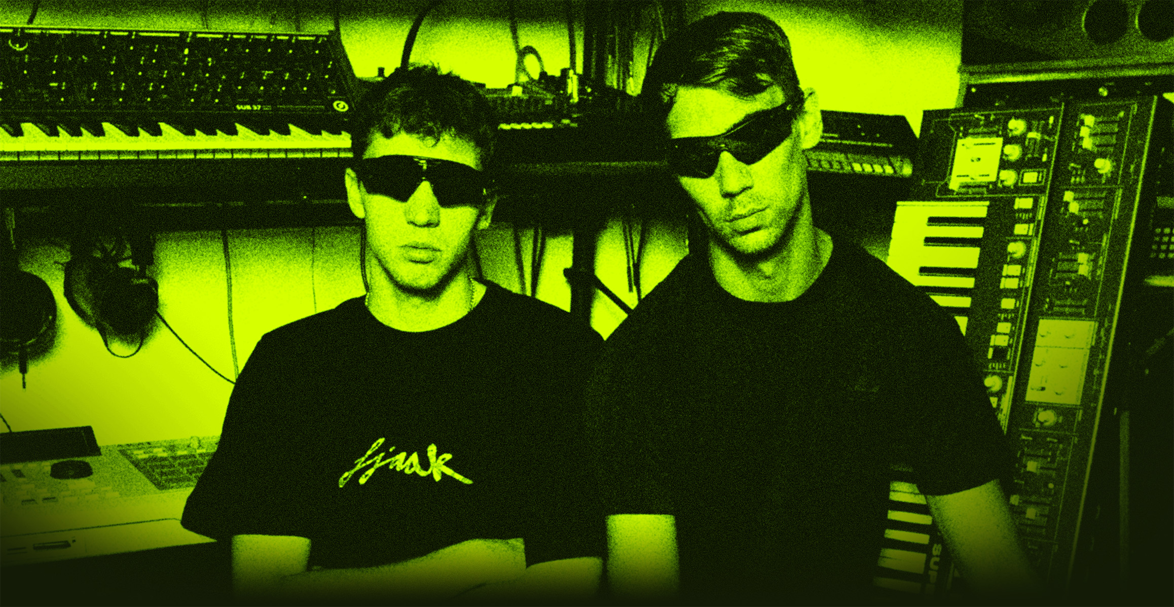 Techno duo FJAAK posed in their studio